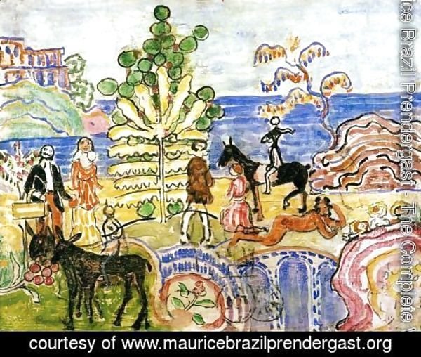 Maurice Brazil Prendergast - Fantasy Aka Fantasy With Flowers  Animals And Houses