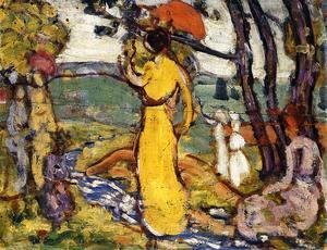 Maurice Brazil Prendergast - Lady In Yellow Dress In The Park Aka A Lady In Yellow In The Park